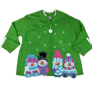 Ugly Christmas Sweater Cardigan Vintage Snowman Sequins Size Large